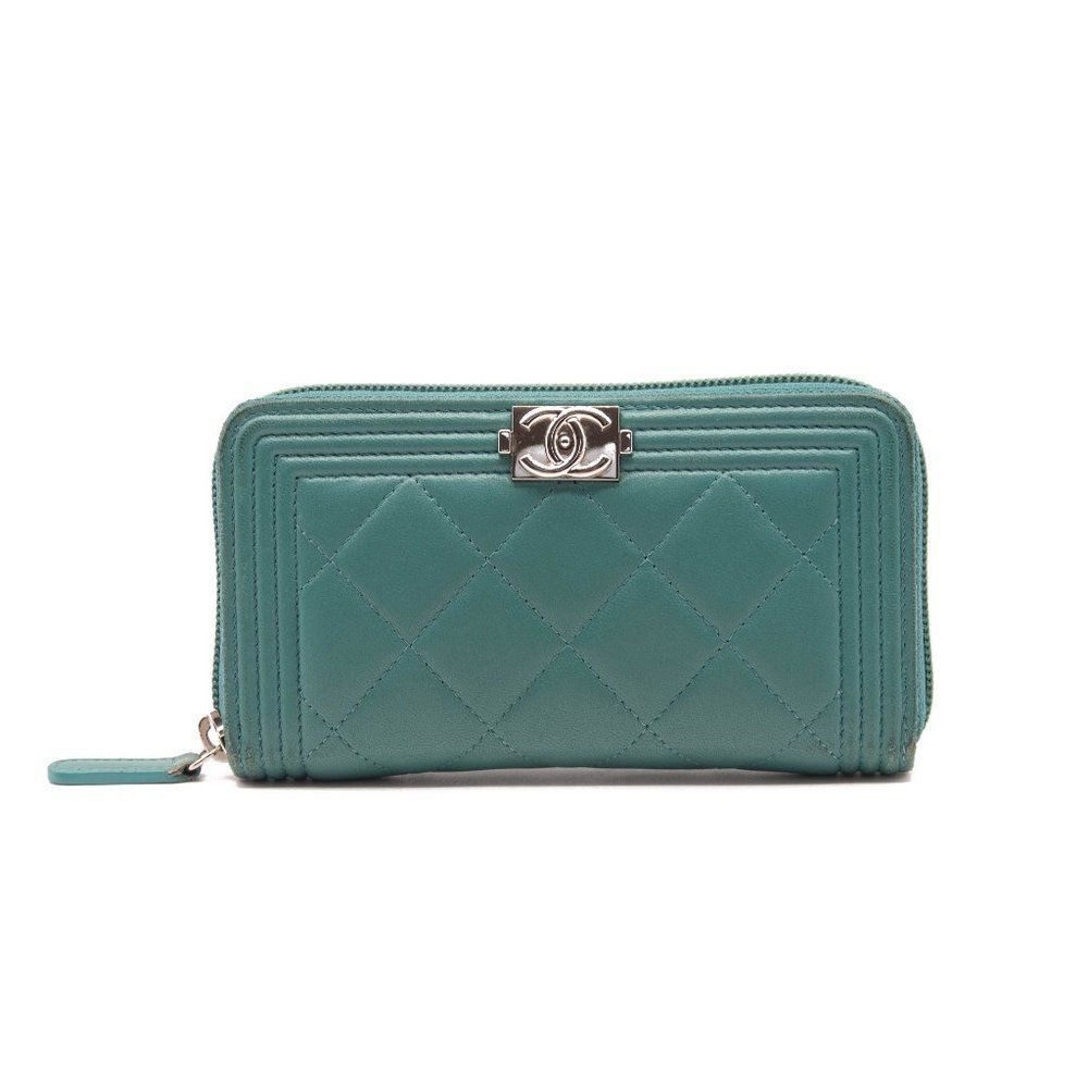 Lambskin Quilted Small Boy Zip Around Wallet Teal